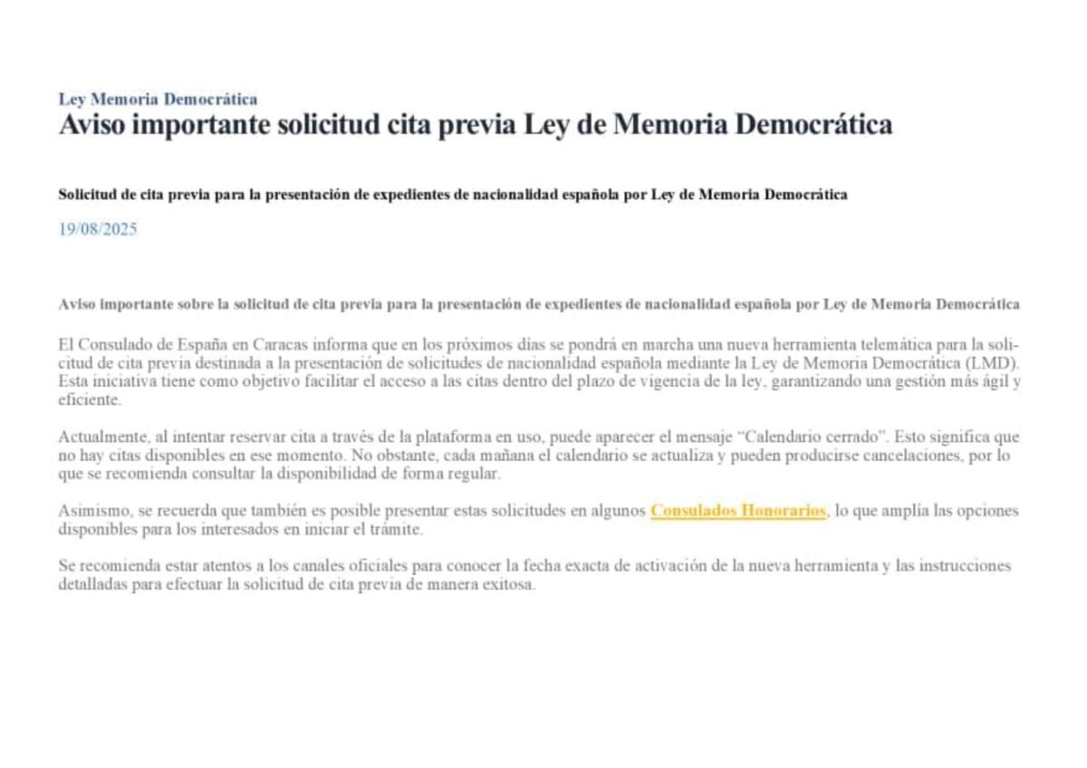 Consulado de España en Caracas anunció una nueva herramienta para solicitar la nacionalidad por la Ley de Nietos