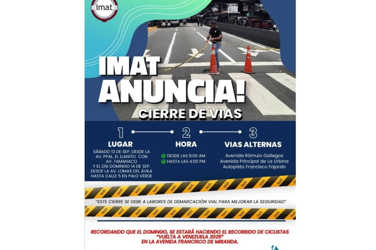 Cerrarán varias vías en la Gran Caracas durante el 13 y 14 de septiembre