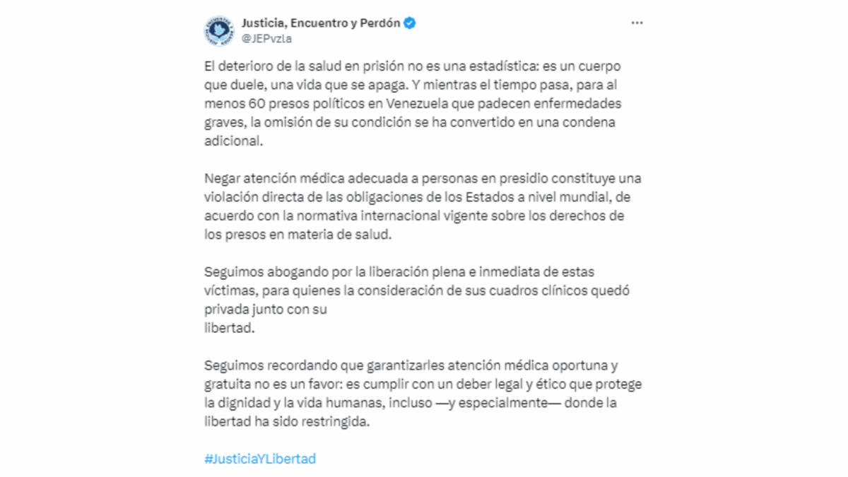 Alertaron que al menos 60 presos políticos en Venezuela permanecen recluidos pese a padecer enfermedades graves