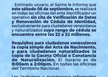 Saime anunció nuevo operativo de renovación de datos para ciudadanos con cédulas entre 22 y 32 millones