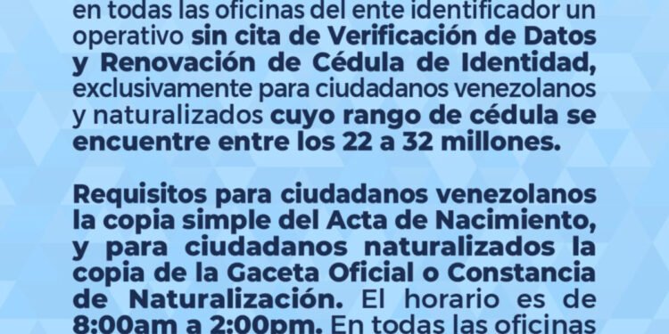 Saime anunció nuevo operativo de renovación de datos para ciudadanos con cédulas entre 22 y 32 millones
