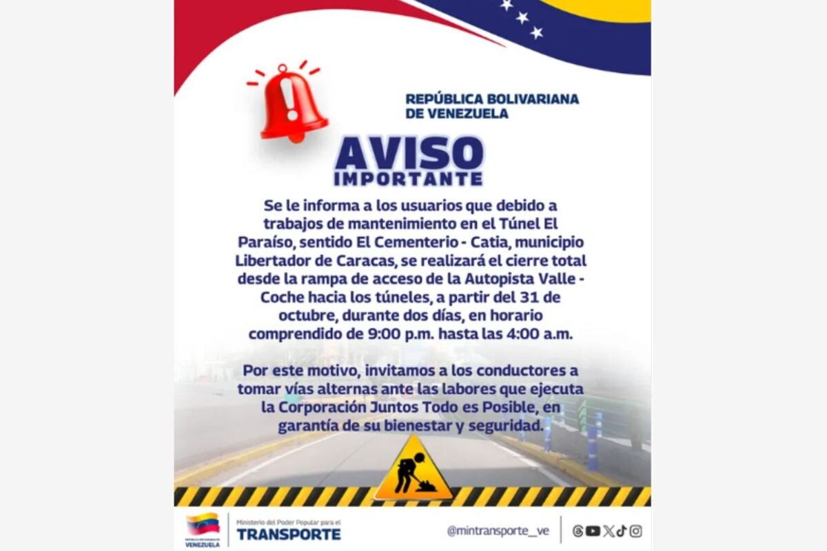 Anunciaron el cierre total del túnel de El Paraíso por trabajos de mantenimiento