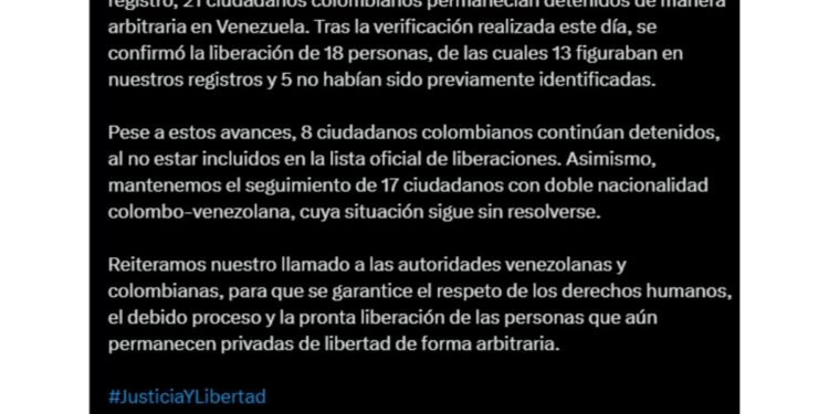 Justicia, Encuentro y Perdón informó que ocho colombianos permanecen detenidos en Venezuela