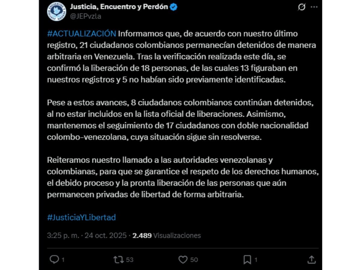 Justicia, Encuentro y Perdón informó que ocho colombianos permanecen detenidos en Venezuela