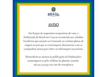 Embajada de Brasil recomendó a sus ciudadanos en Venezuela contactar aerolíneas para información sobre vuelos
