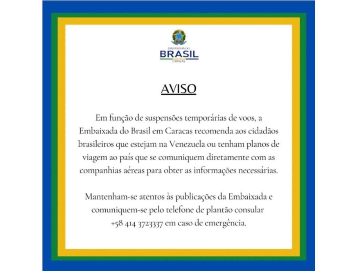 Embajada de Brasil recomendó a sus ciudadanos en Venezuela contactar a sus aerolíneas para obtener información sobre vuelos internacionales