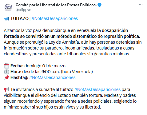 Clippve convocó un “tuitazo” para denunciar desapariciones forzadas en Venezuela